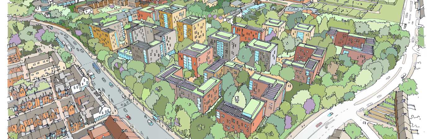 Fallowfield Campus Redevelopment Project, aerial view, May 2023